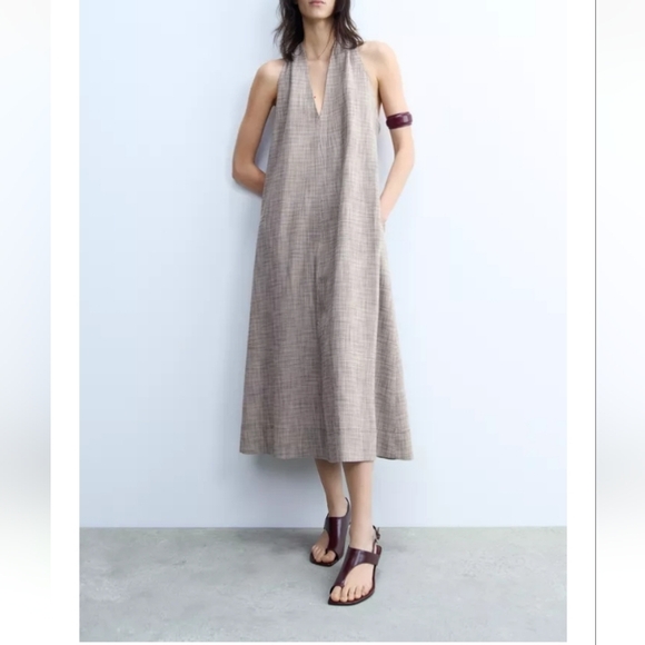 Zara Sleeveless Halter Midi Dress With Wide Crossback Strap Sz-L - Picture 1 of 14